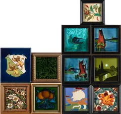 late 19th/20th century, Maw & Co. tile with orange flower, Sherwin and Cotton green-glazed tile with an amphibian, the rest unmarked, tiles 5 x 5 to 9 x 8, frames 6 x 6 to 7 3/4 to 7 3/4 in. by Eleven Decorative Tiles, sold Dec 2023