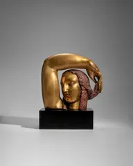 Alfred Janniot, Nymph Head From the 'Homage to Jean Goujon' (Left Detail), gilt and cold painted bronze, on lacquered wood base, Galerie Michel Giraud foundry mark stamp, leaf motif, and stamped 'A