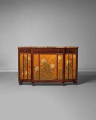 Clement Mere, Sideboard, mahogany, marble, polychrome leather with stylized floral repoussé