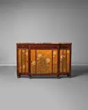 Clement Mere, Sideboard, mahogany, marble, polychrome leather with stylized floral repoussé