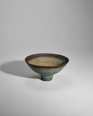 Dame Lucie Rie, Footed Bowl, stoneware with green/blue volcanic glaze and manganese band around the lip, artist's monogram seal 'LR'
