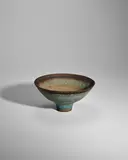 Dame Lucie Rie, Footed Bowl, stoneware with green/blue volcanic glaze and manganese band around the lip, artist's monogram seal 'LR'