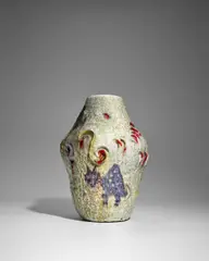 Vase by Marcello Fantoni, crackled glaze stoneware, decorated with abstract cat and scroll motifs, artist's cypher mark, 'fantoni ITALY' in black , sold Dec 2024