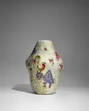 Marcello Fantoni, Vase, crackled glaze stoneware, decorated with abstract cat and scroll motifs, artist's cypher mark, 'fantoni ITALY' in black script