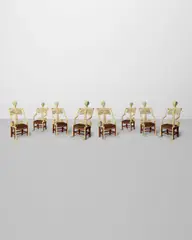 American Modern, Set of Eight Skeleton Armchairs, carved and painted mahogany, leather