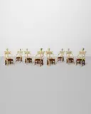 American Modern, Set of Eight Skeleton Armchairs, carved and painted mahogany, leather