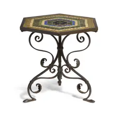 Hexagonal Side Table by Alexander Joseph von Steuben, Aurene and other glass, glazed ceramic, wrought iron, sold Oct 2024