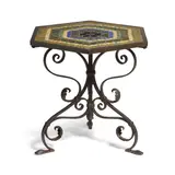 Alexander Joseph von Steuben, Hexagonal Side Table, Aurene and other glass, glazed ceramic, wrought iron