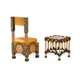 Carlo Bugatti, Leather Side Chair and Side Table, leather, hammered copper, ebonized beech, walnut, inlaid pewter, marble