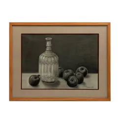 Françoise Noé, Licorera con manzanas, Grafito sobre papel. Firmado
