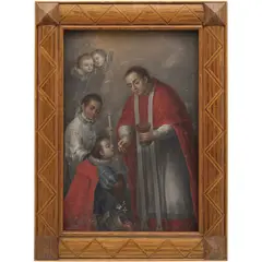 SAN LUIS GONZAGA RECIBE LA COMUNIÓN DE SAN CARLOS BORROMEO by Manuel Caro, Óleo sobre tela, sold Feb 2025