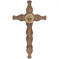 Cruz Procesional, MÉXICO, PRINCIPIOS DEL SIGLO XX, Talla en madera policromada con medallón en bronce del Sagrado corazón