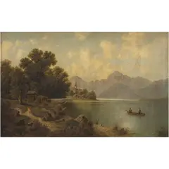 Albert Lang, PAISAJE CON LAGO, Óleo sobre tela