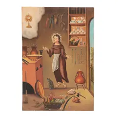 MÉXICO, SIGLO XX by San Pascual Bailón, Óleo sobre lámina de zinc, sold Dec 2024