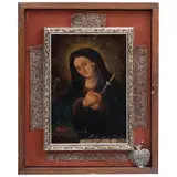 Virgen Dolorosa, MEXICO, CA., 1811, Óleo sobre lámina intervenida con colgante a manera de arete