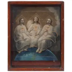 Trinidad Antropomorfa, MÉXICO, SIGLO XIX, Óleo sobre tela montado sobre madera