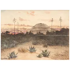 August Lohr, VISTA DE LA PIRÁMIDE DEL SOL EN TEOTIHUACÁN, Acuarela sobre papel