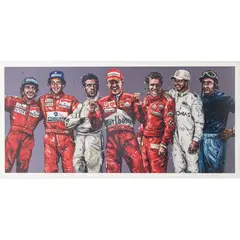 Alain Prost, Ayrton Senna, Jim Clark, Michael Schumacher, Nikki Lauda, Lewis Hamilton y Juan Manuel Fangio by Paul Oz. Siete Grandes Pilotos, Litografía 70 / 70 firmada a lápiz, 54 x 111 cm Con certificado al reverso "An Authentic Paul Oz Studio- Limited Edition, offered Oct 2024