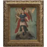 MÉXICO, SIGLO XVIII by San Miguel Arcángel Venciendo Al Demonio, Óleo sobre tela, sold Nov 2024