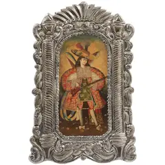 Arcángel Arcabucero, PERÚ, SIGLO XIX, Óleo sobre tela adherida a tabla con marco de plata 0.925