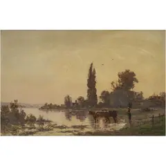 Hippolyte Camille Delpy, PAISAJE CON LAGO, Óleo sobre madera