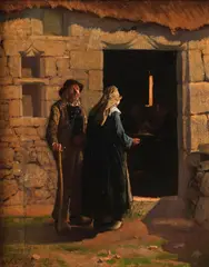 Aloysius O'Kelly, Couple at the Door on an Inn, Oil on Canvas