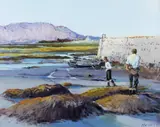 Cecil Maguire, Gathering Weed, Calla Pier, Co. Galway, Oil on Board