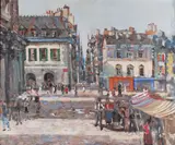 James Le Jeune, French Market Town, Oil on Canvas