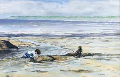 G Burns, Beach Scene, Watercolour