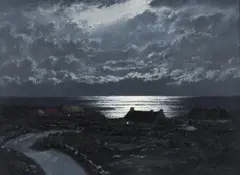 Ciaran Clear, Twilight Cottages, Oil on Board