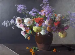 Hans Iten, Dahlias and Michaelas Daisies, Oil on Canvas