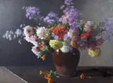 Hans Iten, Dahlias and Michaelas Daisies, Oil on Canvas