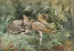 Two Tabbies Resting on a Leafy Bank by Mildred Ann Butler, Watercolour, sold Jun 2026