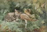 Mildred Ann Butler, Two Tabbies Resting on a Leafy Bank, Watercolour