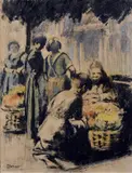 William Conor, The Flower Sellers at City Hall, Belfast, Crayon