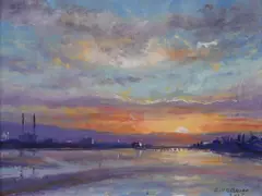 Bill O'Brien, Winter Sunset Over Dollymount, Oil on Board
