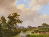 Marinus Adrianus Koekkoek, Weite holländische Landschaft mit Kühen an der Furt, Öl auf Holz
