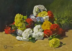Blumengebinde mit Chrysanthemen by Georges Jeannin, Öl auf Leinwand, sold Nov 2016