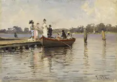 Ascan Lutteroth, Gesellschaft am Bootsteg, Öl auf Papier