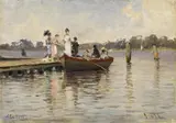 Ascan Lutteroth, Gesellschaft am Bootsteg, Öl auf Papier
