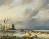 Johannes Franciscus Hoppenbrouwers, Eisfischer an einem holländischen Kanal, Öl auf Holz
