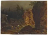 Luise Piepenhagen, Felsen im Wald mit Person, Öl auf Papier