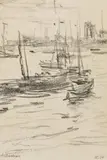 Robert Sterl, Boote im Hafen von Astrachan, Schwarze Kreide auf Bütten