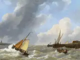 Petrus Johannes Schotel, Boote bei stürmischer See in der Flussmündung, Öl auf Leinwand