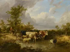 Hirte mit seinem Vieh an der Furt by Thomas Sidney Cooper, Öl auf Leinwand, sold Nov 2016