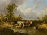Thomas Sidney Cooper, Hirte mit seinem Vieh an der Furt, Öl auf Leinwand