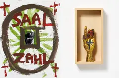 SAAL ZAHL by Jonathan Meese, 2000, a) Acryl über Papiercollage auf zwei zusammengesetzten Papierbögen, sold Dec 2016