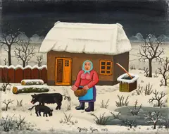 Josip Generalić, Bauersfrau mit Schweinen, 1969, Öl auf Leinwand
