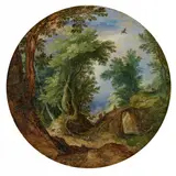 Jan Brueghel d.Ä., Waldlandschaft mit Wanderern, die eine Brücke überqueren, Öl auf Eichenholz, alt auf Eichenholz gelegt