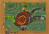 Crusade of the crossroaders by Friedensreich Hundertwasser, Farbserigrafie und Metallprägung auf braunem Packpapier, sold Jun 2017